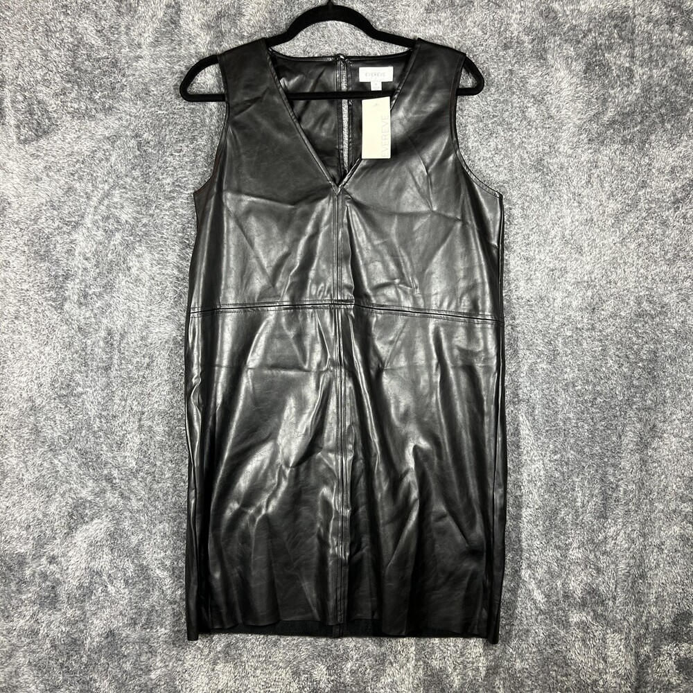 Evereve Dress Womens Medium Black Faux Leather Eldie Shift Sleeveless V Neck